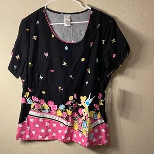 Disney Black and Pink Tinkerbell Floral Uniform Scrub Top